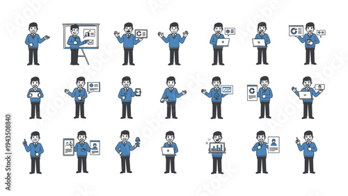 Business Presentation Set: A series of graphic illustrations depicting a businessman presenting, interacting with technology, and engaging in various business-related activities.
