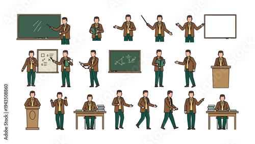 Teacher’s Animated Poses: A diverse teacher in action, captured in a series of animated poses, conveying a range of instructional gestures and classroom activities.