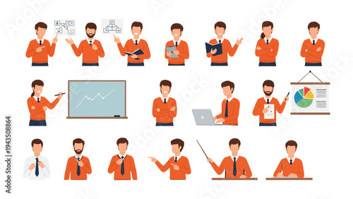Business Presentation Collection: A compilation of business presentation illustrations showcasing various professionals delivering presentations and engaging with data.