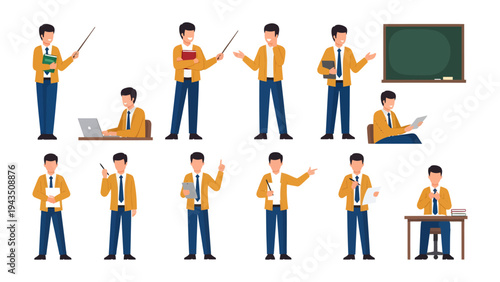 Teacher in Various Poses: A diverse teacher in multiple poses, each one showcasing a different aspect of his profession, from lecturing and demonstrating to working on a laptop.
