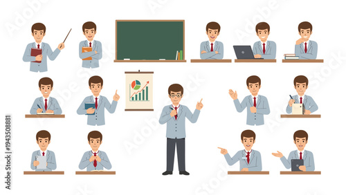 The Educator's Toolkit: A dynamic illustration presenting a versatile educator in diverse poses, wielding various tools of the trade against a vibrant backdrop.