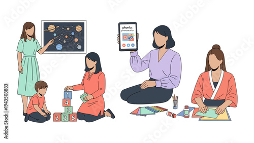 **Early Childhood Educators at Work:** A dynamic illustration showcasing early childhood educators interacting with children in a nurturing learning environment. 