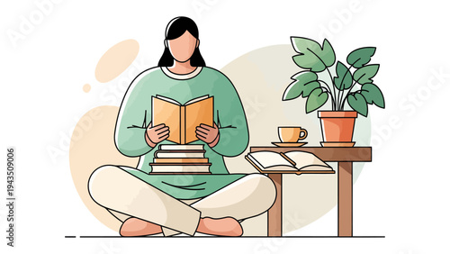 Serene Reader and Literary Sanctuary: A moment of tranquility unfolds as a person immerses themselves in the world of books, creating a cozy and intellectual atmosphere amidst plants.