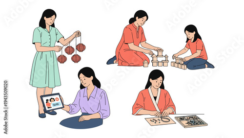 Moments of Creativity and Connection: This image captures a woman involved in various activities, each symbolizing different facets of creativity, learning, and connection.
