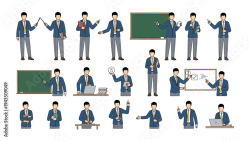 Teacher's Toolbox: A comprehensive collection of illustrations showcases a teacher in various poses, tools of the trade, and classroom settings, embodying the essence of education and instruction.