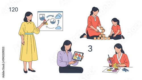 Child Education and Development: A set of illustrations showcasing various facets of child education and development