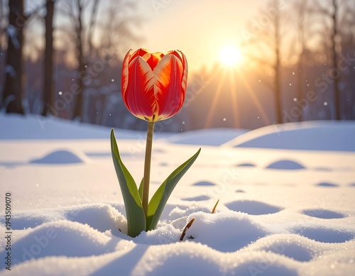A single red tulip with white streaks rises from a snow-covered field. The sun shines brightly