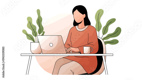 Focused Work: A woman, engrossed in her work, sits before a laptop, her focus intense amidst the backdrop of her modern workspace.