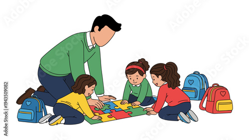Collaborative Puzzle Time: An educator and children work together, piecing a puzzle, fostering teamwork and learning. 