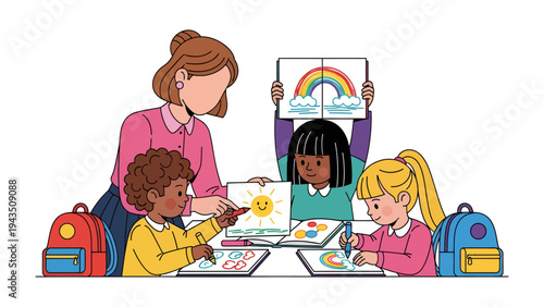 Creative Classroom: A nurturing teacher guides eager students through an engaging art lesson. Colorful illustrations bring to life a world of imagination and education.