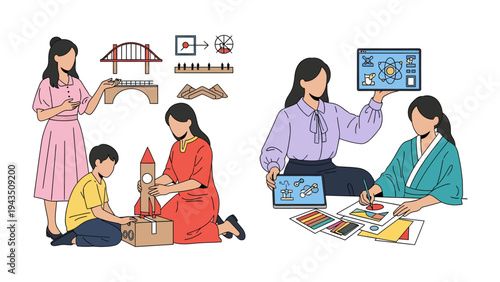 Education and Creation: Two vibrant scenes of a teacher and students engaged in creative learning activities, using tools to construct models and explore design concepts.