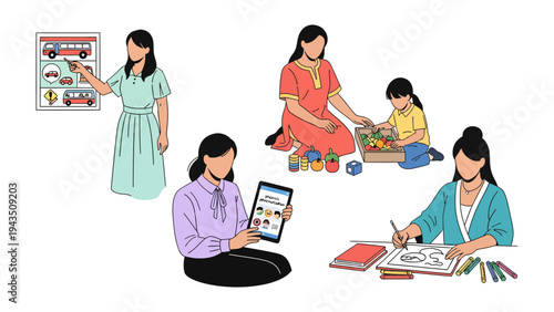 Teachers and Children in Various Activities: Depicts the nurturing world of education, where teachers and children are engaged in various enriching activities.