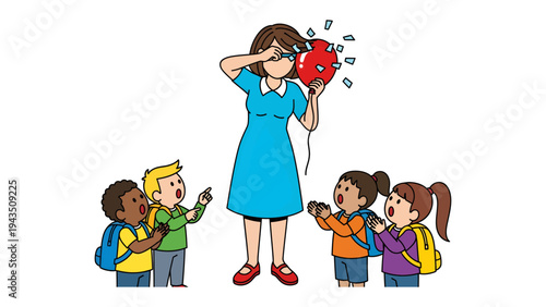 Balloon pop Surprise: A group of children look in astonishment as their teacher holds a burst balloon, the scene filled with wonder and surprise.