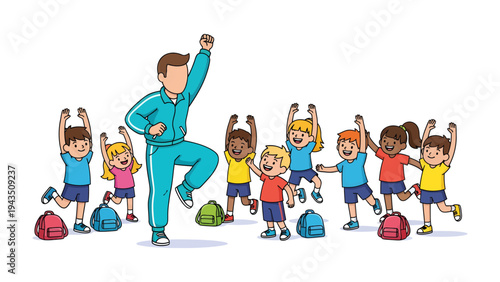 Joyful Exercise Time: A group of children and a instructor engaging in a lively, vibrant exercise session, full of energy and teamwork