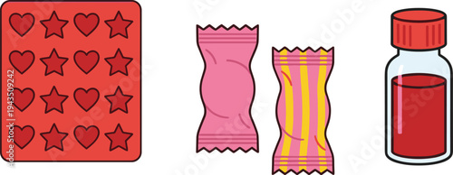 Medicine pills candy wrapper bottle colorful healthcare pharmacy drug tablet sweet packaging vector illustration medical treatment concept set