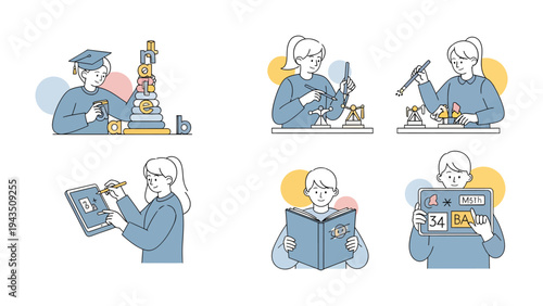 Education and Learning: A visual depicting diverse educational activities, from building blocks to reading, highlighting the multifaceted aspects of knowledge acquisition.