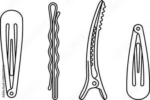 Hair clip accessories outline set barrette bobby pin hairpin claw clip salon styling tool vector illustration beauty fashion collection