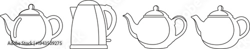 Teapot and electric kettle outline icon set tea brewing kitchen appliance vector illustration classic teapot collection isolated design