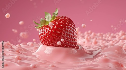 Strawberry Splash in Pink Cream, Fresh Fruit Juice Splash Macro Shot