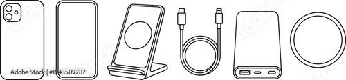 Smartphone accessories outline set wireless charger cable power bank phone case mobile device technology vector illustration gadget collection