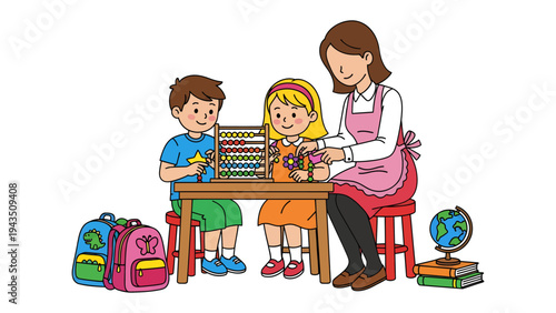 Classroom Harmony: A dedicated teacher guides two eager young students through their lessons in a colorful and inviting classroom environment.