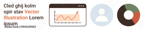 Data analysis, presentation tools, business development, user insights, research visuals, corporate projects. Graph climbing upward, profile icon donut chart. Data analysis and business development