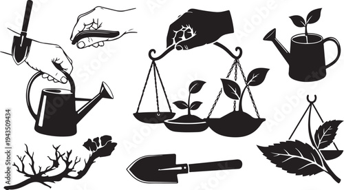 Gardening tools and plants in black silhouette style icons
