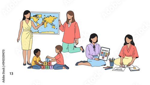 Classroom Diversity: An illustration of a nurturing learning environment filled with educators and children engaged in educational activities. Showcasing collaborative activities.