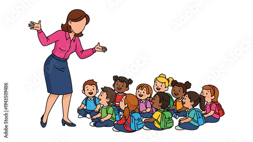 Educator's Guidance: A warm scene of a teacher engaging with a group of young learners, fostering a positive and educational environment. 