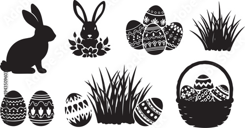 Easter icons set with eggs and bunny silhouettes black