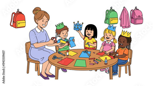 Craft Time in the Classroom: A dedicated educator guides a diverse group of children through a creative arts and crafts session. Focused on fostering creativity and collaborative learning