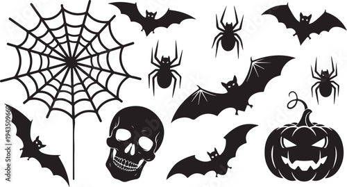 Halloween icons including bats, spiders, and jack-o-lanterns in black