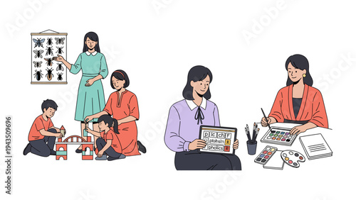 The Art of Guiding: A series of illustration showing the teacher with students in educational settings, capturing the essence of mentorship, creativity, and the joy of learning.