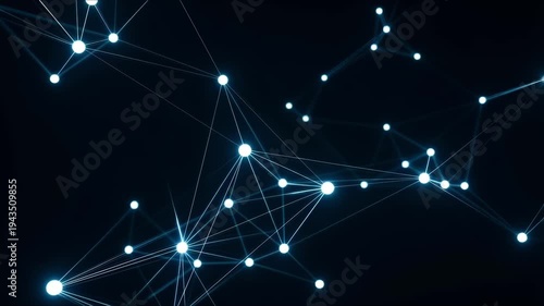 Glowing nodes connect by thin, luminous lines across a deep blue background, forming an abstract network that pulses like digital pathways or constellations, drifting softly in the dark.