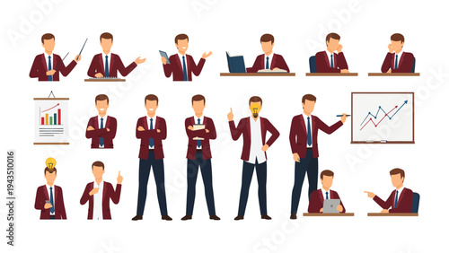 Business Presentation: A compilation of illustrations showcasing a businessman in various poses, gestures, and settings, perfect for presentations.