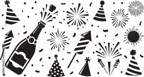 New Year's Eve Celebration Party Icons and Fireworks Silhouette