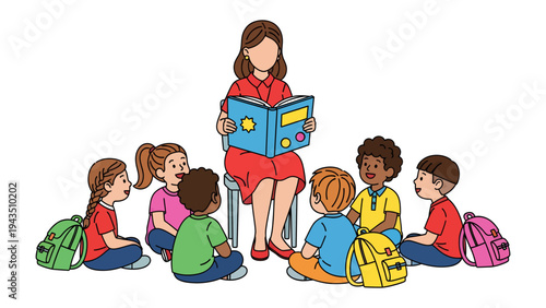 Reading Time: A teacher shares a book with a circle of attentive children, fostering a love of learning and exploration in a classroom. The scene is filled with a sense of connection and growth.