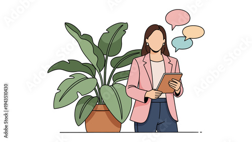 Virtual Dialogue: A modern illustration of a businesswoman stands near a potted plant, engaged in a conversation depicted by thought bubbles.