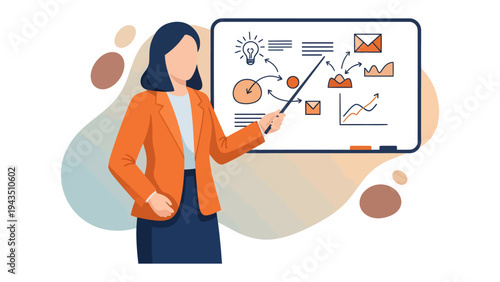 Business Woman's Insight: An insightful business woman, presenting complex concepts on a whiteboard, embodies professionalism and the strategic mindset.