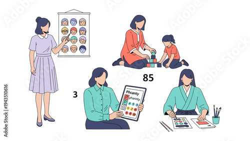 Moments of Nurturing: Various scenes showcase a nurturing environment, where a woman interacts with children and objects, emphasizing care, growth, and guidance.