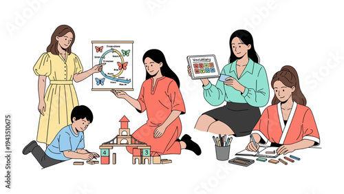 Classroom Harmony: A group of enthusiastic educators guiding children in a dynamic classroom environment. Teaching and learning with modern tools, fostering creativity and exploration.