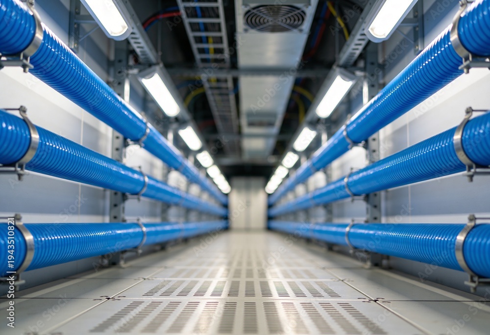 Obraz premium A well-lit industrial corridor featuring bright blue ribbed pipes on both sides and a perforated metal floor, showcasing modern infrastructure.