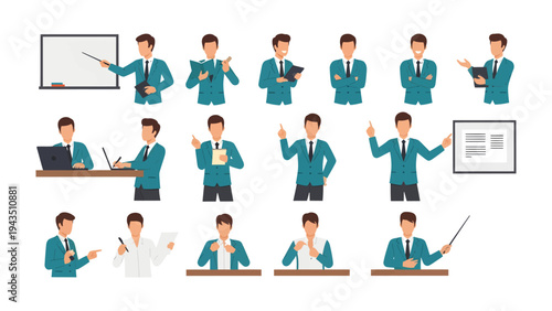Business Professional Poses: A diverse collection of illustrated business professionals in various dynamic poses and actions, ideal for a variety of workplace concepts. 