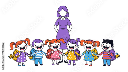 The Guiding Light: A compassionate teacher stands with a radiant group of young students, forming a united front. Each child, holding hands, exudes an aura of warmth.