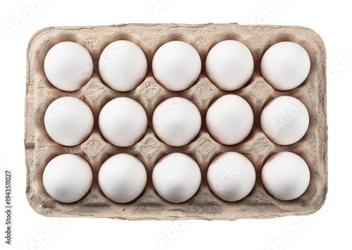 Top View of Fifteen White Chicken Eggs in a Recycled Paper Cardboard Carton Tray, Isolated on Transparent and White Background