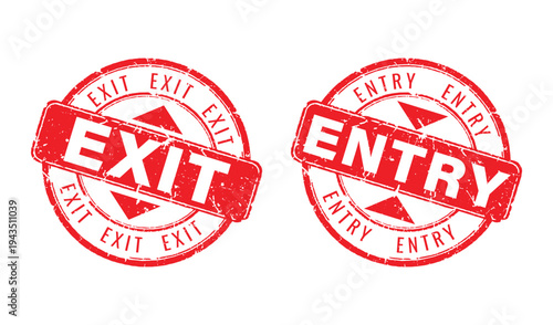 Red grunge rubber stamp icons for exit and entry access control and logistics movement tracking