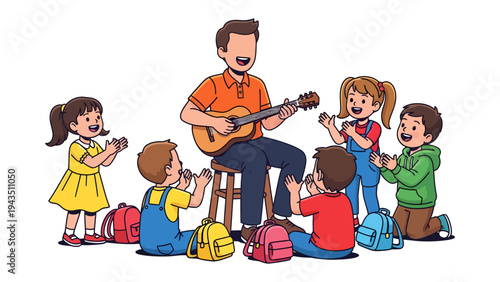 Melody and Merriment: A joyful music teacher strums a guitar while a group of happy children clap along, creating a scene of musical harmony and childhood bliss.
