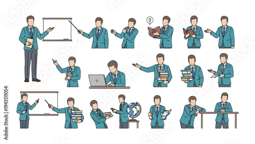 Diverse Professional in Action: An educational figure engages in various poses, showcasing expertise, with whiteboard, globe, laptop, and books in hand, portraying an educator's dynamic routine.