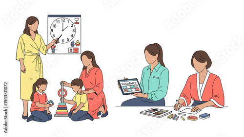 Education and Development: Illustrated scene showing various facets of teaching and learning, illustrating the dedication to nurturing growth and fostering curiosity in a simplified setting.