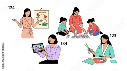 Diverse Women in Everyday Activities: A collection of diverse women engaging in a variety of activities, from teaching and crafting to spending time with children.